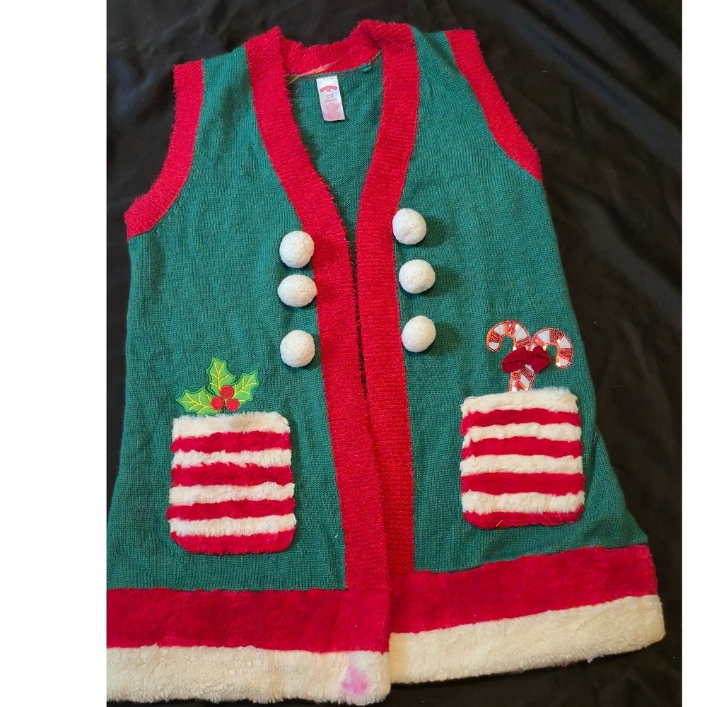 Holiday Time Green Elf Christmas Vest Pom Poms Faux Fur Pockets Small